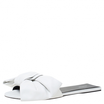 Pre Owned Balenciaga White Leather Bow Embellished Slide Flats Size 40