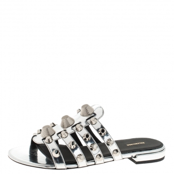 Pre Owned Balenciaga Metallic Silver Leather Arena Giant Studded Flat Slides Size 36