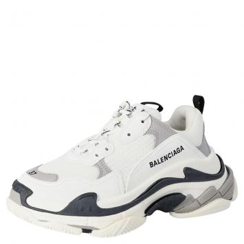 Pre Owned Balenciaga White/Black Leather and Mesh Triple S Platform Sneakers Size  38