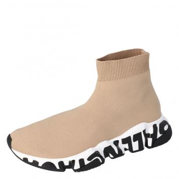 Pre Owned Balenciaga Beige Knit Graffiti Sole Speed Sneakers Size 39