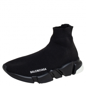 Pre Owned Balenciaga Black Knit Fabric Speed Trainer High Top Sneakers Size 38