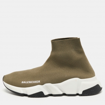 Pre Owned Balenciaga Green Knit Fabric Speed High Sneakers Size 37