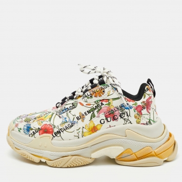 Pre Owned Balenciaga X Gucci Cream Leather Triple S Chunky Sneakers Size 37 