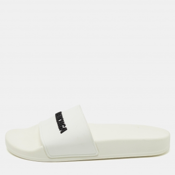 Pre Owned Balenciaga White Rubber Logo Slides Size 37