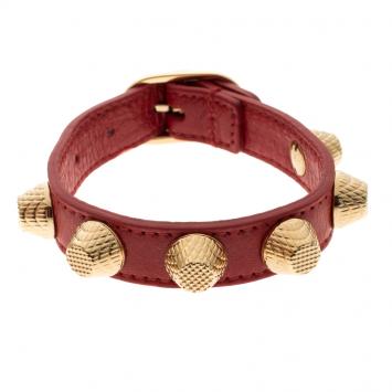 Pre Owned Balenciaga Arena Giant Red Leather Gold Tone Studded Bracelet M