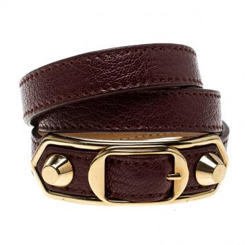 Pre Owned Balenciaga Ligne Classic Burgundy Leather Gold Tone Wrap Bracelet