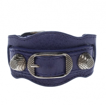 Pre Owned Balenciaga Purple Leather Arena Giant Studded Silver Tone Bracelet 