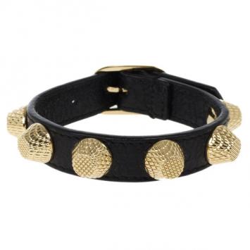 Pre Owned Balenciaga Arena Giant All Gold Tone Stud Black Leather Bracelet S