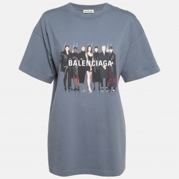 Pre Owned Balenciaga Grey Logo Print Cotton T-Shirt M