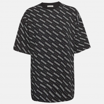 Pre Owned Balenciaga Black Logo All-Over Print Cotton T-Shirt S