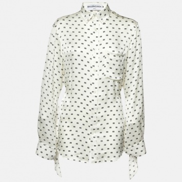 Pre Owned Balenciaga Off-White Logo Printed Silk Shirt S