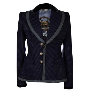 Pre Owned Balenciaga Navy Blue Pinstriped Wool Contrast Collar Tailored Blazer L