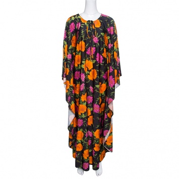 Pre Owned Balenciaga Black Floral Printed Neck Tie Detail Oversized Kaftan Dress S