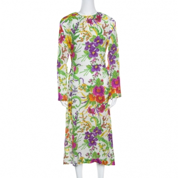 Pre Owned Balenciaga Crinkled Floral Print Side Zip Detail Oversized Midi Dress M