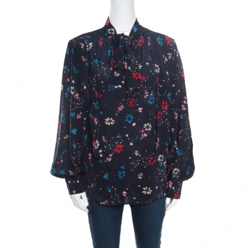 Pre Owned Balenciaga Navy Blue Floral Printed Silk Neck Tie Detail Long Sleeve Blouse M
