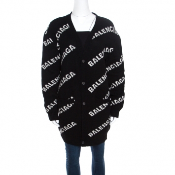 Pre Owned Balenciaga Monochrome Logo Jacquard Knit Long Archetype Cardigan M