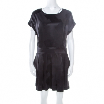 Pre Owned Balenciaga Black Silk Zig Zag Patterned Pleated Dress M