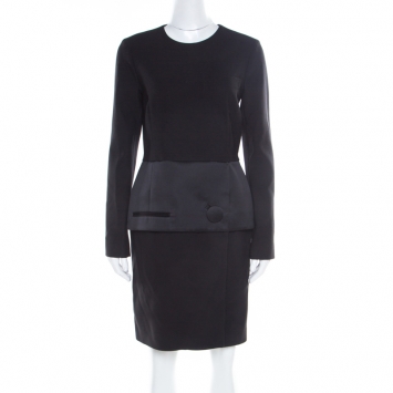 Pre Owned Balenciaga Black Satin Peplum Detail Long Sleeve Dress M