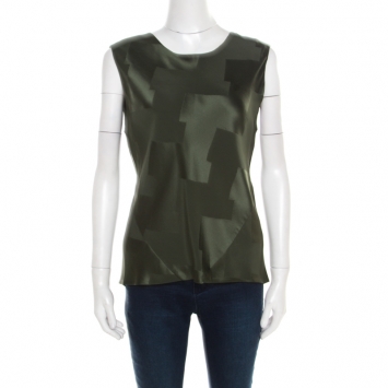 Pre Owned Balenciaga Olive Green Satin Jacquard Back Tie Detail Sleeveless Top S