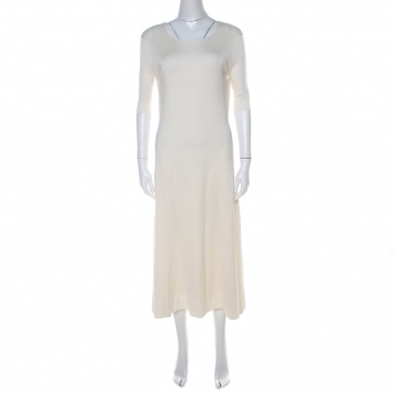 Pre Owned Balenciaga Cream Geometric Jacquard Patterned Silk Flared Midi Dress M