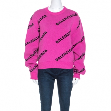 Pre Owned Balenciaga Pink Allover Logo Wool Crew Neck Sweater M
