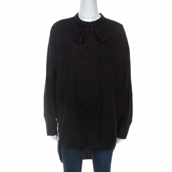 Pre Owned Balenciaga Black Cotton Logo Print Tie Neck Detail Swing Shirt L