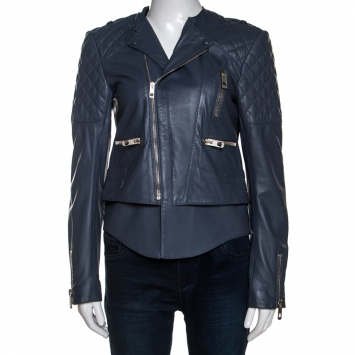 Pre Owned Balenciaga Grey Leather Quilted Detail  Zip Front Jacket M