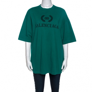 Pre Owned Balenciaga Green BB Logo Print Cotton Oversized T-Shirt XS