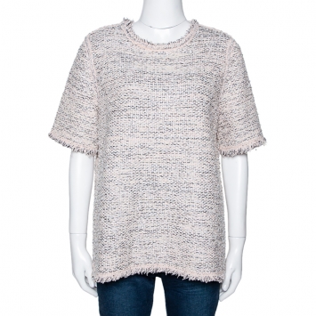 Pre Owned Balenciaga Blush Pink Lurex Tweed Fringed Blouse L