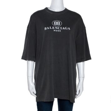 Pre Owned Balenciaga Anthracite Grey Logo Print Cotton Oversized T-Shirt L