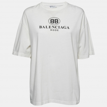 Pre Owned Balenciaga White Logo Printed Cotton T-Shirt M