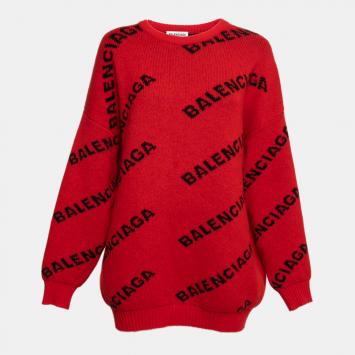 Pre Owned Balenciaga Red Logo Intarsia Knit Wool Oversized Jumper M