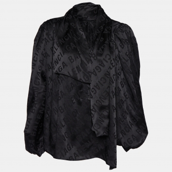 Pre Owned Balenciaga Black All Over Logo Silk Satin Neck Tie Detail Oversized Shirt S