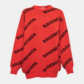 Pre Owned Balenciaga Red All-Over Logo Patterned Wool Sweater M
