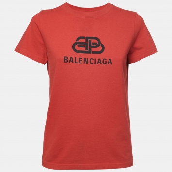 Pre Owned Balenciaga Red Cotton Logo Print T-Shirt S