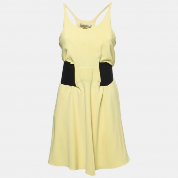Pre Owned Balenciaga Yellow Crepe Sleeveless Belted Short Dress M