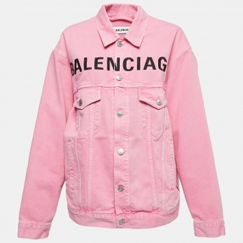 Pre Owned Balenciaga Pink Logo Embroidered Denim Button Front Jacket S