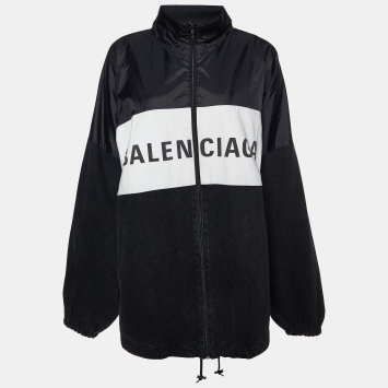 Pre Owned Balenciaga Black Logo Print Denim and Nylon Zip Front Oversized Jacket L