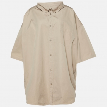 Pre Owned Balenciaga Beige Cotton Logo Printed Oversized Shirt L
