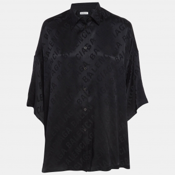 Pre Owned Balenciaga Black Logo Pattern Satin Silk Oversized Short Sleeve Shirt S