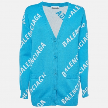 Pre Owned Balenciaga Blue Logo Printed Oversize Cardigan XS