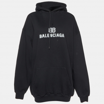 Pre Owned Balenciaga Black Logo Print Cotton Hooded Sweatshirt XS