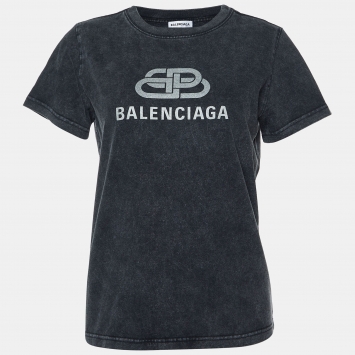 Pre Owned Balenciaga Grey Logo Print Cotton Crew Neck T-Shirt M