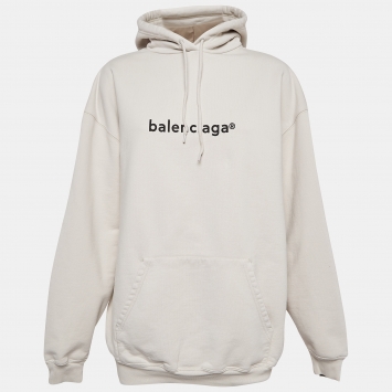 Pre Owned Balenciaga Beige Logo Print Cotton Oversized Hoodie M