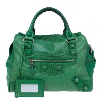 Pre Owned Balenciaga Green Leather Giant Covered Midday Tote
