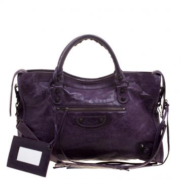 Pre Owned Balenciaga Purple Leather Classic City RH Tote