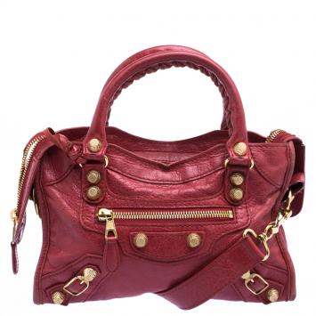 Pre Owned Balenciaga Red Leather Mini Gold Hardware City Bag