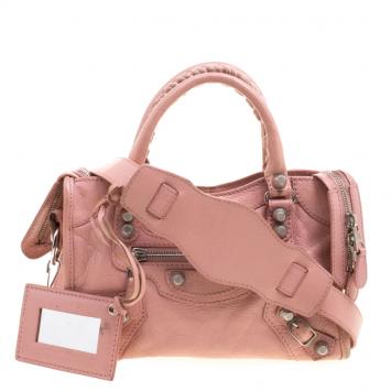 Pre Owned Balenciaga Vieux Rose Leather Mini Silver Hardware City Bag