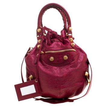 Pre Owned Balenciaga Pourpre Leather GGH 21 Hardware Pompon Hobo