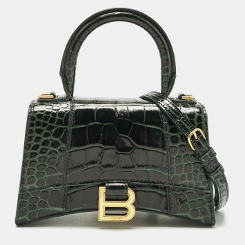 Balenciaga Green Croc Embossed Leather XS Hourglass Top Handle Bag